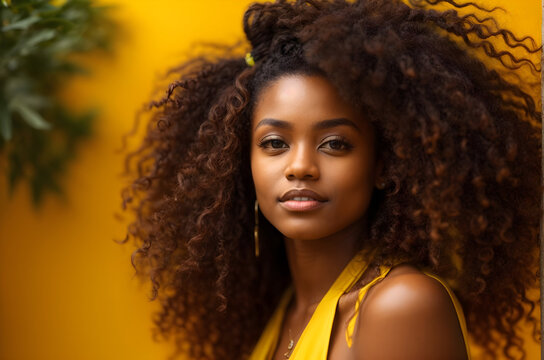 Young beautiful afro-american woman with georgeous afro hair looking at camera on yellow background. Portrait