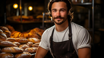 Handsome young baker on loaves background in bakery - obrazy, fototapety, plakaty
