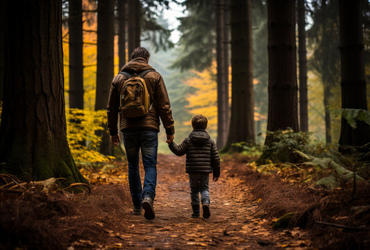 A father and son enjoying a peaceful walk in the beautiful woods. A father and son walking in the woods