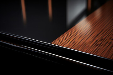 A close-up of a wooden surface with a black border and a dark background