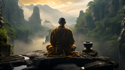 Buddhis is sitting down in meditation pose - obrazy, fototapety, plakaty