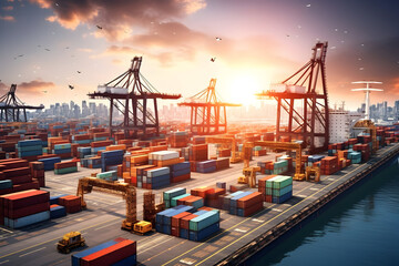 A Busy Seaport Teeming with Cargo Ships Being Loaded and Unloaded, Towering Cranes Effortlessly Lifting Containers, and a Well-Oiled Logistics Machine Seamlessly Supporting Global Trade - obrazy, fototapety, plakaty