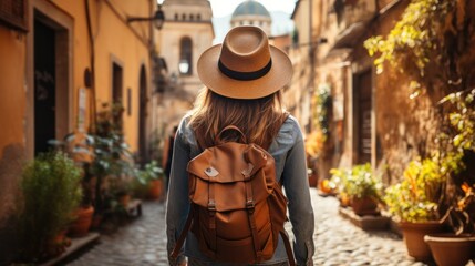Backpacker girl wearing a hat