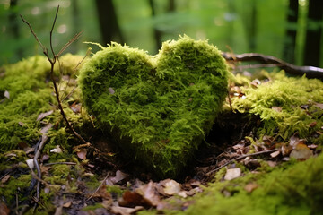 Forest Resting Place A Closeup of a Wooden Heart on Moss, a Natural Burial Grave in the Woods, Where Trees Stand Guard Over Peaceful Eternal Slumber