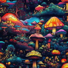 Psychedelic magic mushroom cartoon repeat pattern Van Gogh Starry night style