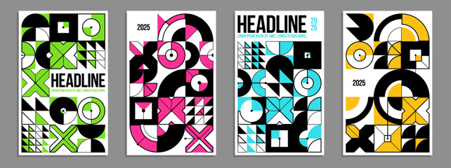 Geometric vector posters and covers in Bauhaus style, layout for advertisement sheet, tech engineering style shapes mechanical, brochure or book cover.