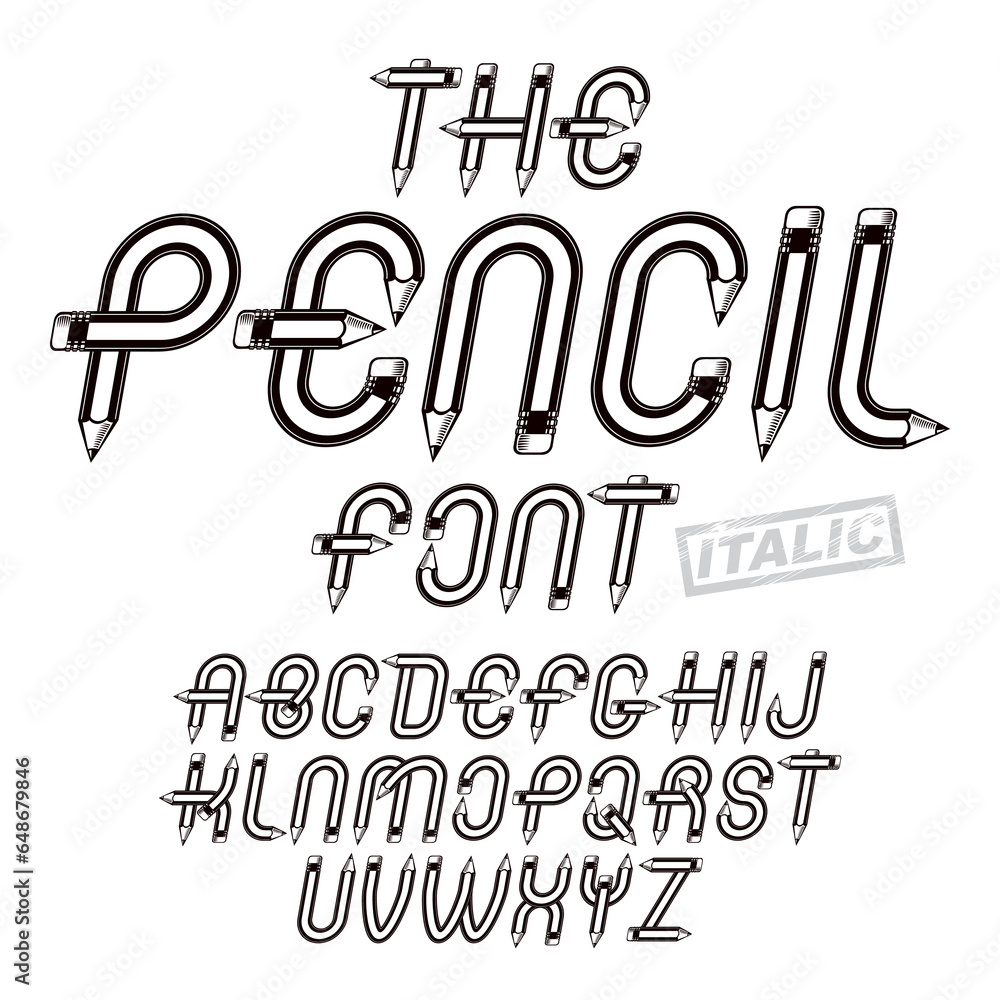 Fototapete vector script, trendy alphabet letters set created with pencils, education idea for use in reporting