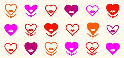 Lady hearts vector logos or icons set, woman faces in a shape of heart, graphic design elements, attractive lips love Valentine theme.