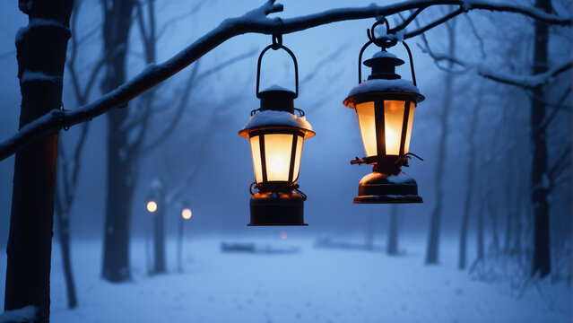 Latern glowing at snowy landscape in winter. Extremely detailed and high resolution concept design illustration