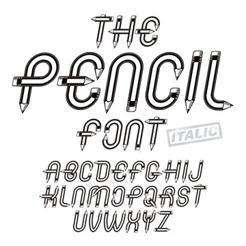 Vector script, trendy alphabet letters set created with pencils, education idea for use in reporting and journalism.