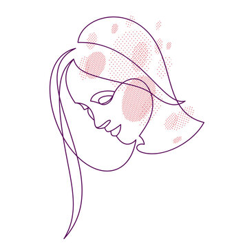 recommend clip art: Beautiful face of attractive woman vector linear drawing, sensitive emotional line art adult girl portrait, feminine abstract face line art.