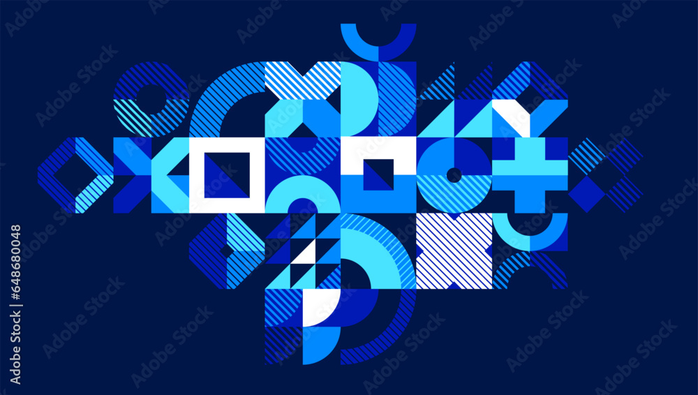 Poster abstract geometric stripy vector background over dark, linear shapes of circles and triangles patter
