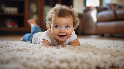 Cute baby crawling on floor carpet in a cozy living room with shiny eyes