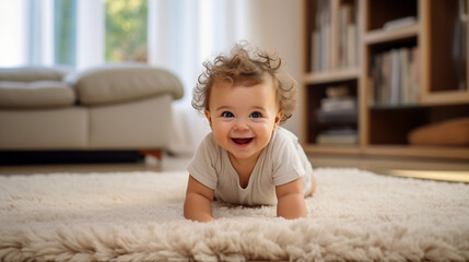 Fototapeta premium Cute baby crawling on floor carpet in a cozy living room with shiny eyes
