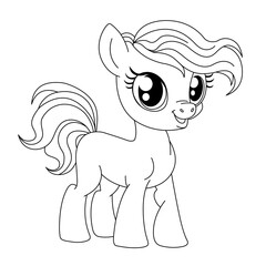 Beautiful Pony Coloring Pages For Children. Big Eyes Horse Cartoon Vector Illustration. Cute Unicorn Isolated On White Background 