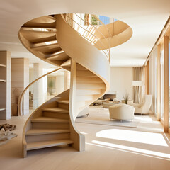 un escalier tournant en bois dans le salon d'une maison - IA Generative - obrazy, fototapety, plakaty