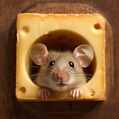 Funny mouse looks out of piece of delicious cheese,  funny photo with animals for advertising cheese and dairy products