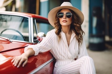 Street fashion portrait of young elegant luxury lady wearing white sunglasses, wide brim hat, striped linen jumpsuit, posing in the retro car. Copy, empty space for text