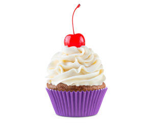 Cupcake. Birthday cupcake with cherry on top. Happy Birthday. Tasty baking cupcakes, cake or muffin with white cream icing, frosting. Bakery, confectionery. Purple cup liners. Isolated background