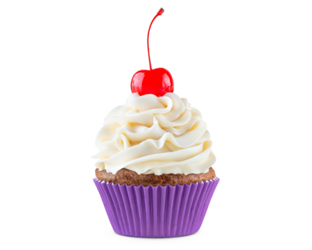 Cupcake. Birthday cupcake with cherry on top. Happy Birthday. Tasty baking cupcakes, cake or muffin with white cream icing, frosting. Bakery, confectionery. Purple cup liners. Isolated background - Powered by Adobe