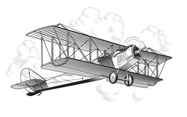 Retro airplane, vintage biplane in the cloudy sky. High detailed engraving style vector illustration.