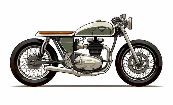 Cafe racer motorcycle in olive green; flat seat, rat racer style.