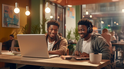 portrait of a young African males using a laptop in a kitchen cafe