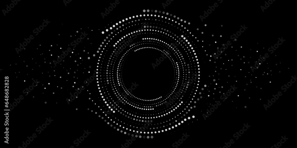 Poster digital circles of white particles. big data visualization into cyberspace. network information deca
