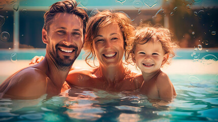 Smiling happy family father mother and son having fun and relaxing in swimming pool at hotel resort. Tourists with kid on summer vacation splashing in swimming pool. Trip, journey, tour, holiday - Powered by Adobe