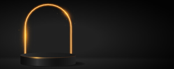 Luxurious podium with sparkling neon arc to display your brand product. Magical black and golden platform for your presentation. Vector illustration.