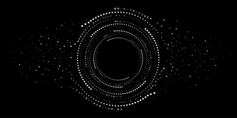 Digital circles of white particles. Big Data visualization into cyberspace. Network Information Decay. Futuristic background. Vector illustration.