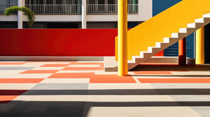 Stairs leading to a colorful schoolyard