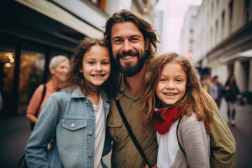 Portrait of a happy young Caucasian father taking a photo with his daughters in the city