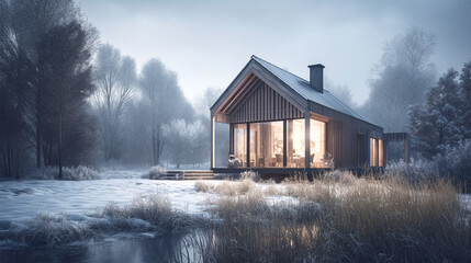 simple scandinavian house in snowy landscape