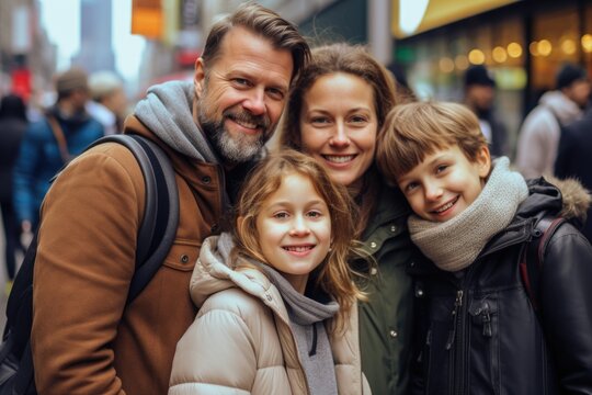 Portrait of a happy young Caucasian family taking a photo during winter in New York City