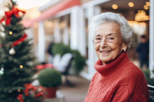 Portrait of a senior Caucasian woman infront of a nursing home decorated for christmas and the new year holidays