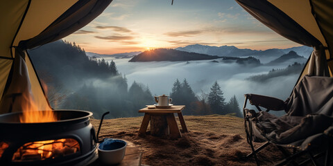 view from inside a tent looking out, a small campfire in the foreground and a scenic mountain range in the distance, misty morning light - Powered by Adobe