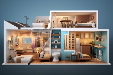 Cross section of a home showing the bathroom, kitchen, and living room, illustrated in 3D. Generative AI - obrazy, fototapety, plakaty