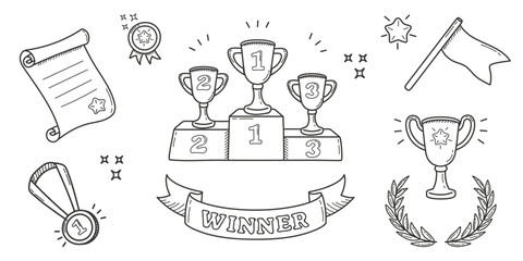 Set of awards in doodle style. Hand drawn winner cups and medals. Linear vector illustrations of prizes and success items © JuliaBliznyakova