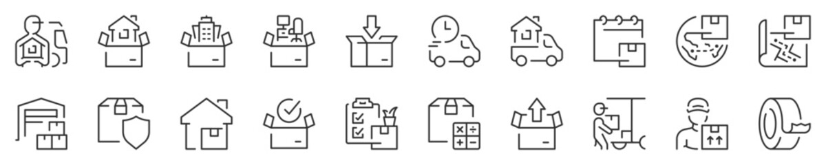 Moving services, thin line icon set. Symbol collection in transparent background. Editable vector stroke. 512x512 Pixel Perfect.