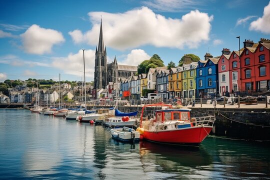 Vibrant architecture, historic ships, cathedral backdrop in Cobh harbor, County Cork, Ireland. Generative AI