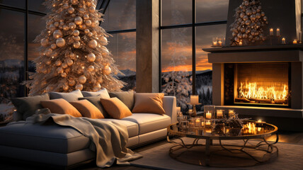 Christmas modern interior in high tech style with panoramic window