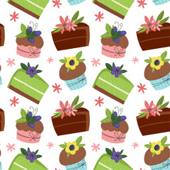 Seamless pattern with cupcakes and pastries, cartoon sweets in flat style.
