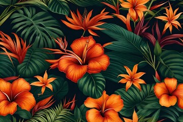 Generate a tropical oasis-themed wallpaper portraying exotic flowers in a lush paradise - AI Generative