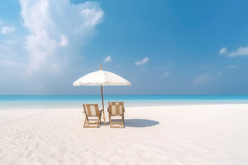 Fototapeta na wymiar Beautiful beach. Chairs on the sandy beach near the sea. Summer holiday concept. Generative AI