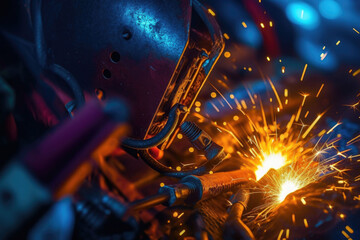 A macro close up of a gas arc welder with sparks of light flying in the air. Generative AI