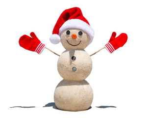 Snowman. Sandy Snowman made of sand snowballs. Christmas snowman with red Santa Claus hat and...