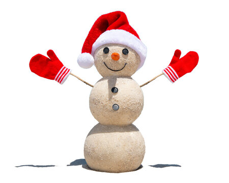 Snowman. Sandy Snowman made of sand snowballs. Christmas snowman with red Santa Claus hat and mittens. Smiley Snow man. Winter Holidays without snow. Happy New Year. Xmas postcards. Florida vacations