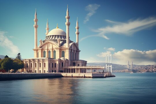 Ortakoy mosque with Bosphorus bridge behind. Generative AI