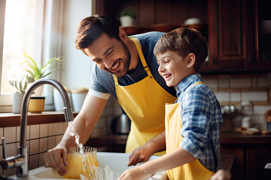 A joyful family moment in the kitchen, as a father and son cook together, creating homemade happiness.